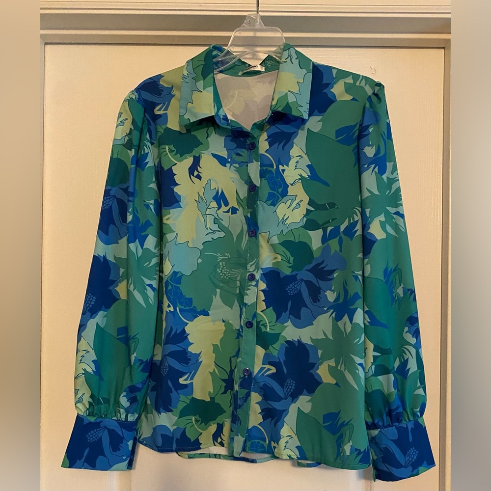 Blue and Green Leaf Print Shirt